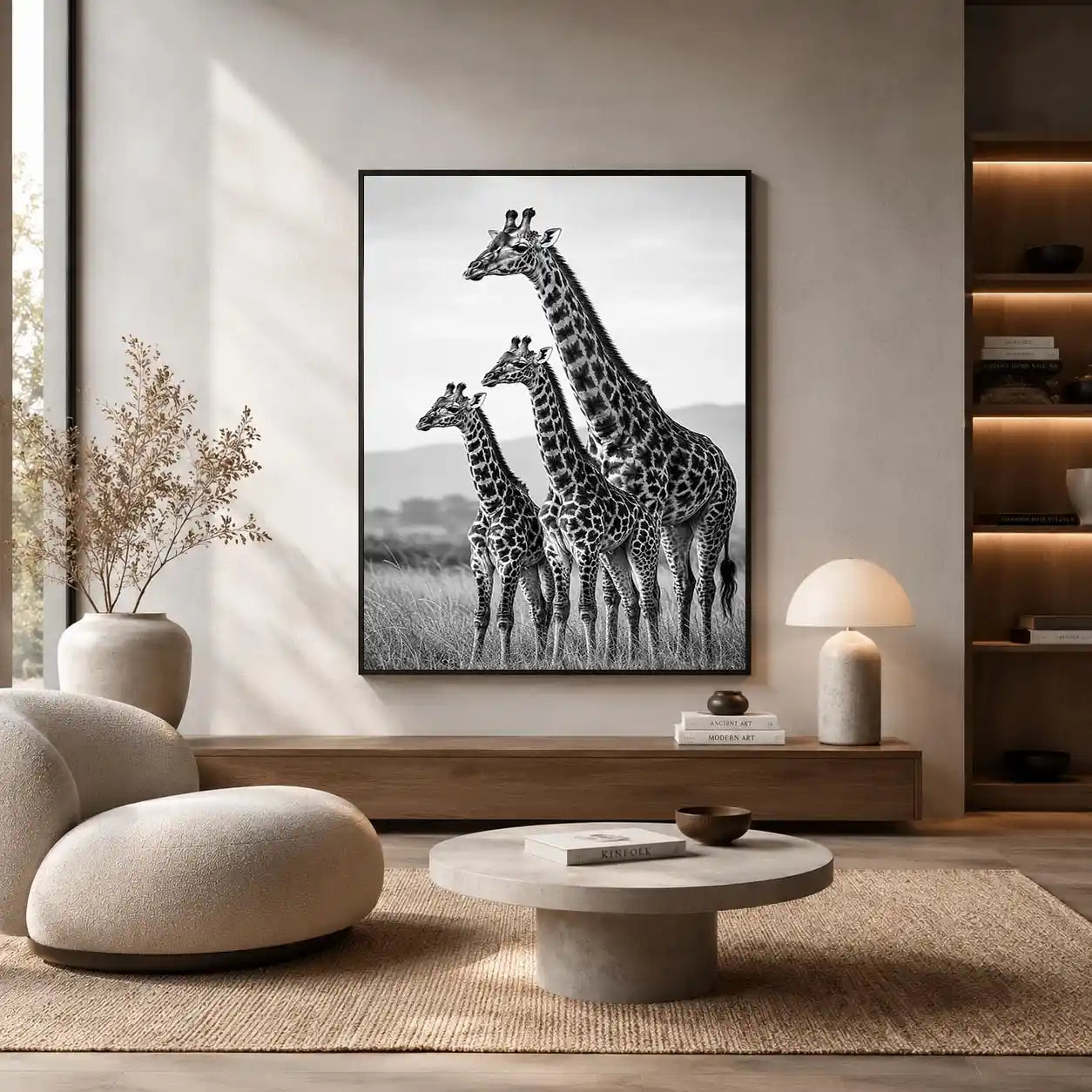 black white giraffe family canvas