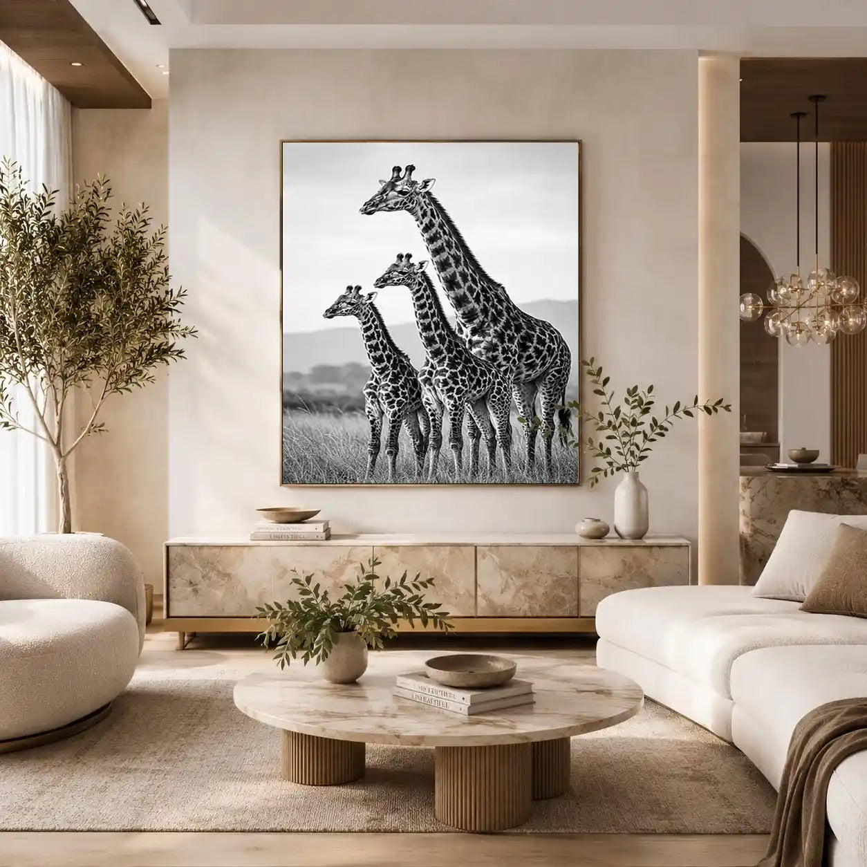 black white giraffe family canvas