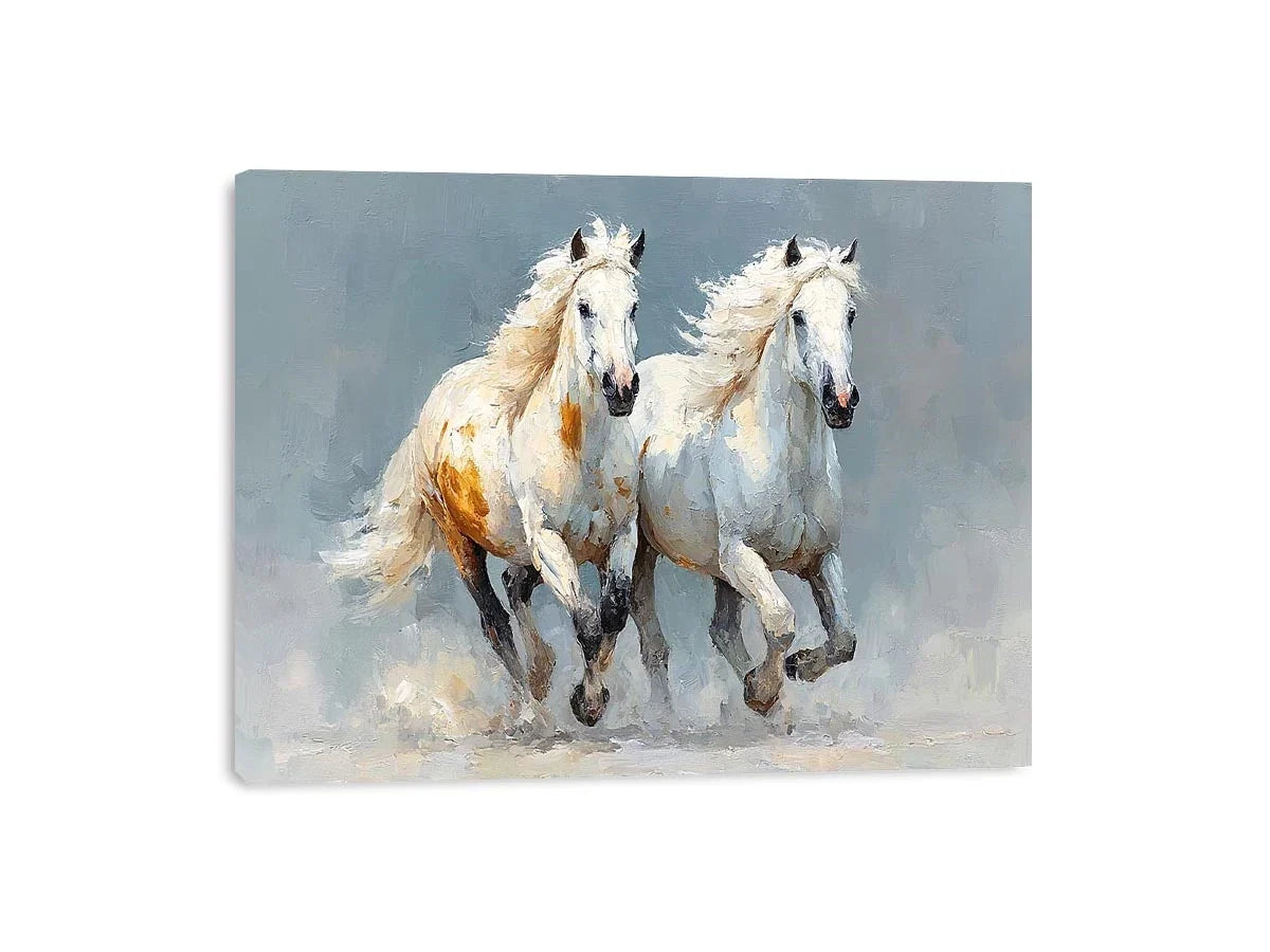 Two running white horses canvas art with textured neutral style for living room decor.