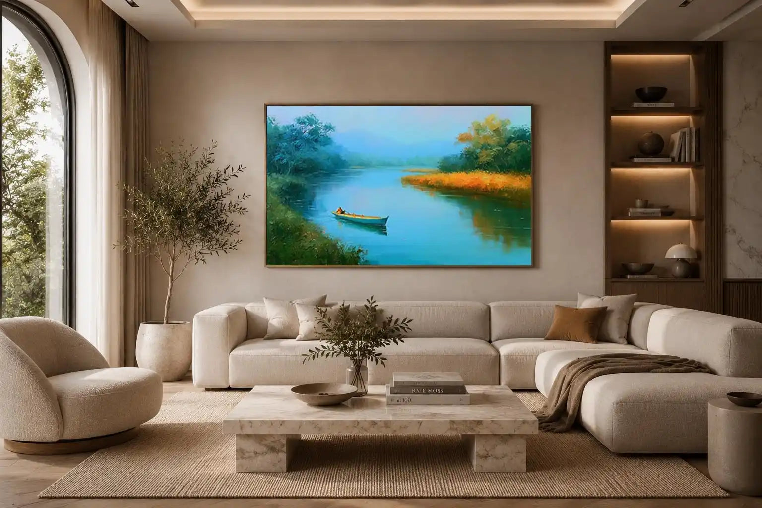 calm river boat landscape canvas print