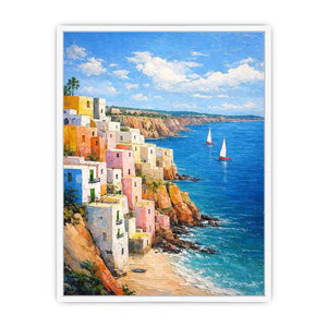 cliffside coastal village canvas art