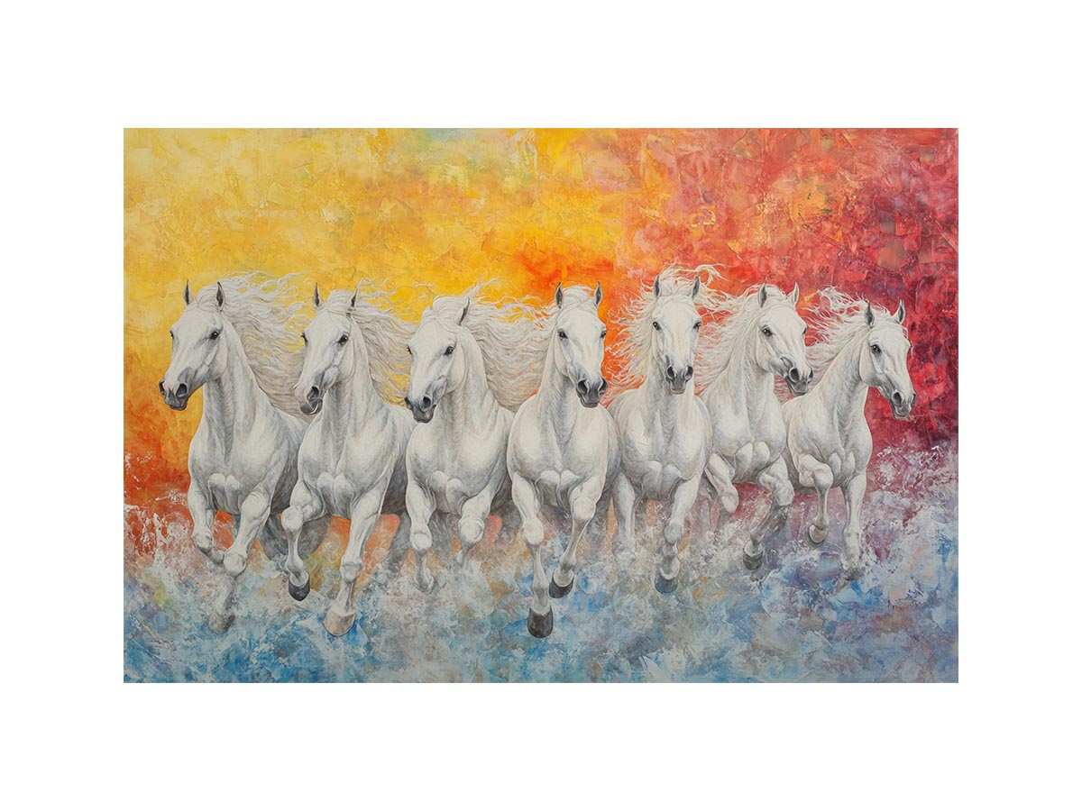 Seven running horses painting-style canvas print for energetic Australian living room decor