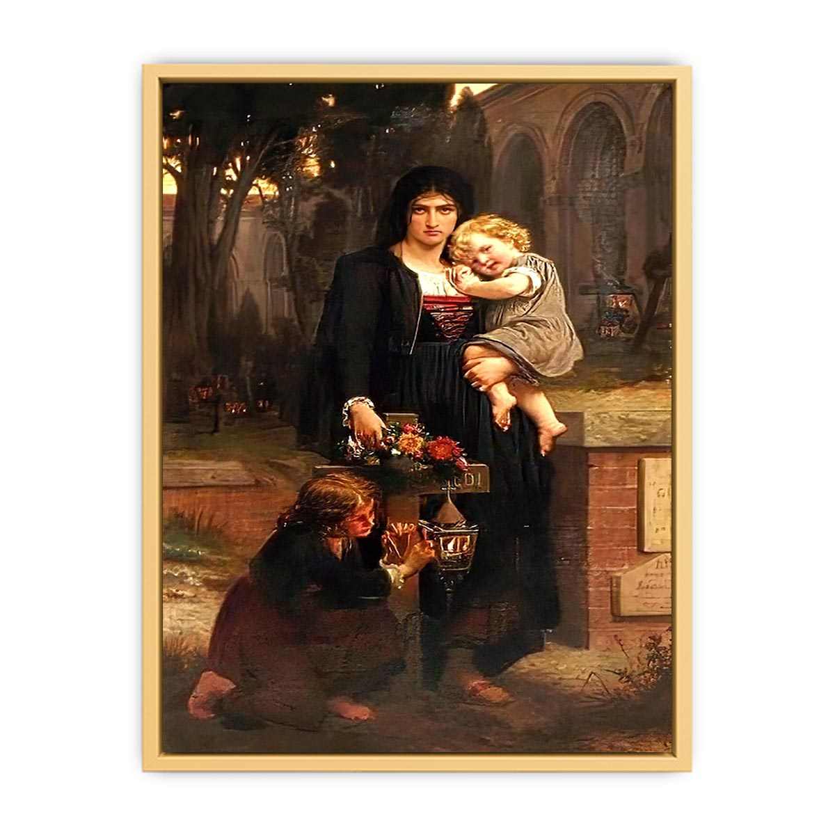 Sa me`re avec ses deux enfants a` la tombe du pe`re Streched canvas