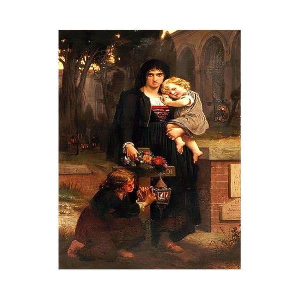 Sa me`re avec ses deux enfants a` la tombe du pe`re