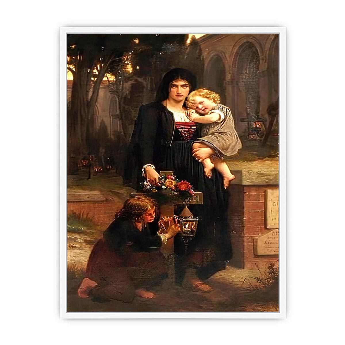 Sa me`re avec ses deux enfants a` la tombe du pe`re Framed Print