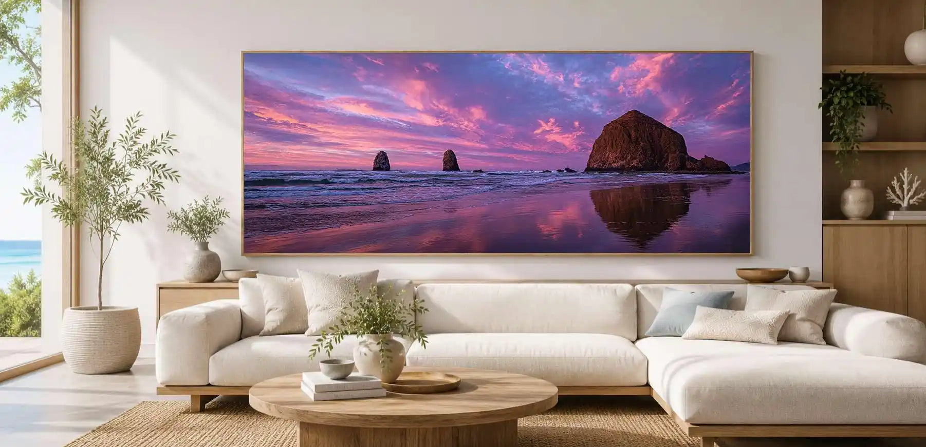Violet Seastacks Panoramic Canvas Print