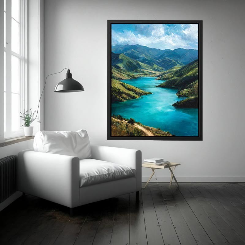 Turquoise Flow Mountain River Painting 