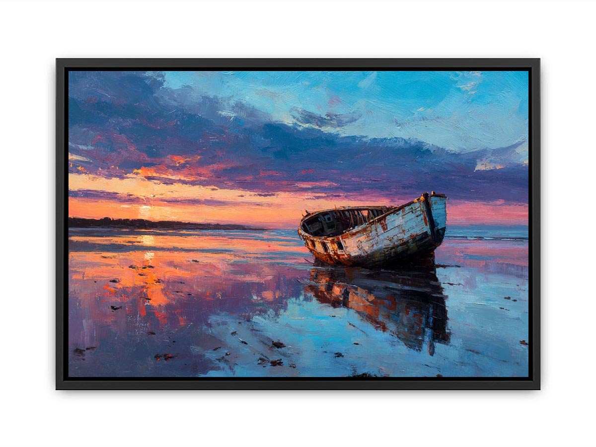 Boat on sunset beach Poster