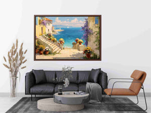 Mediterranean Sea & Flowers Painting 