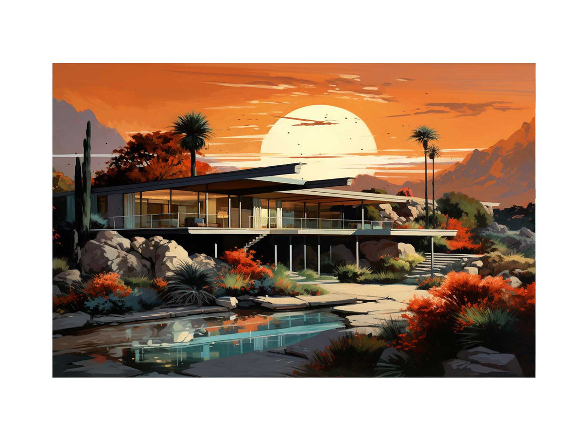 Mid-century house canvas print with sunset colours for modern Australian living room wall styling