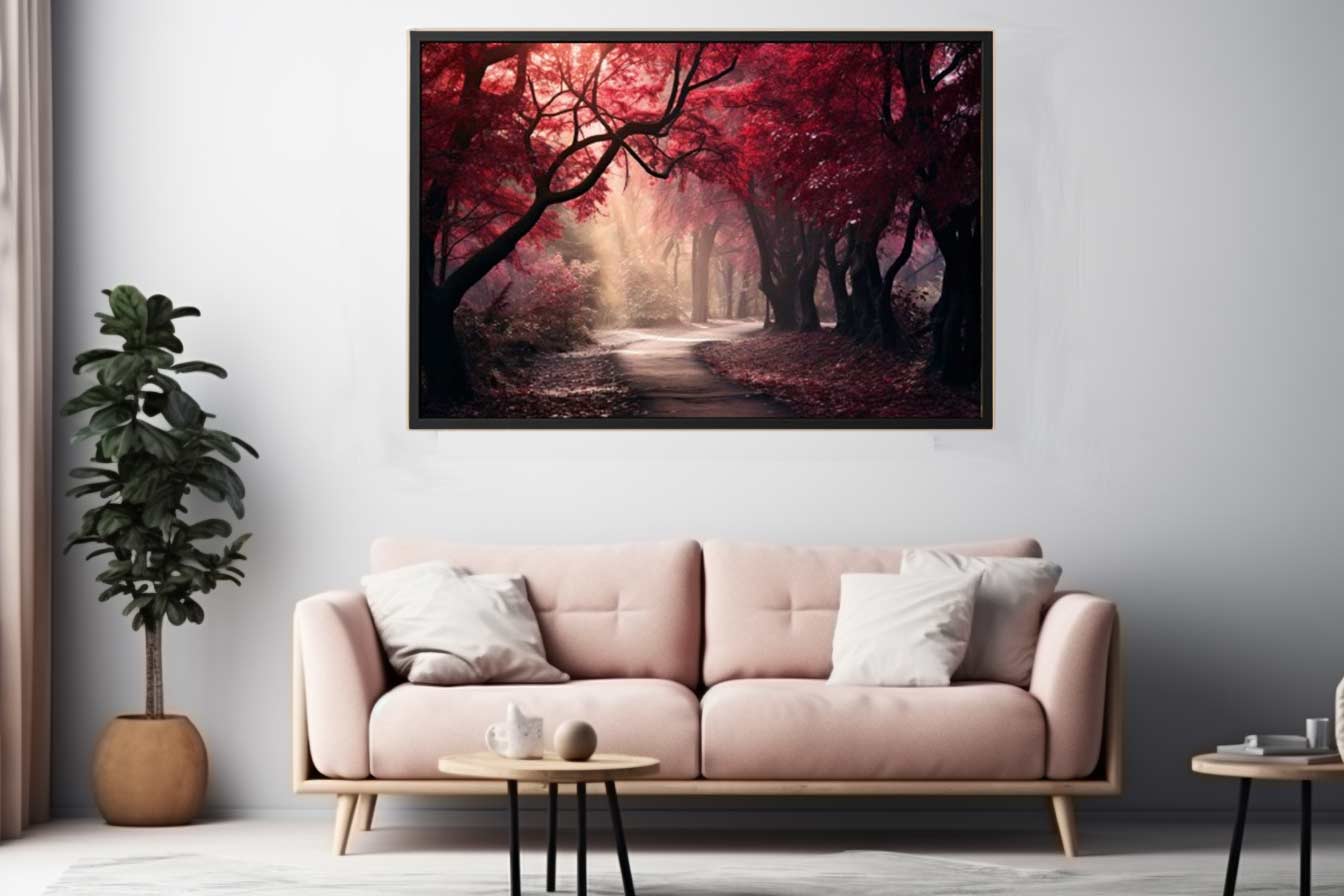 Red Forest Painting – Autumn Canopy Expression