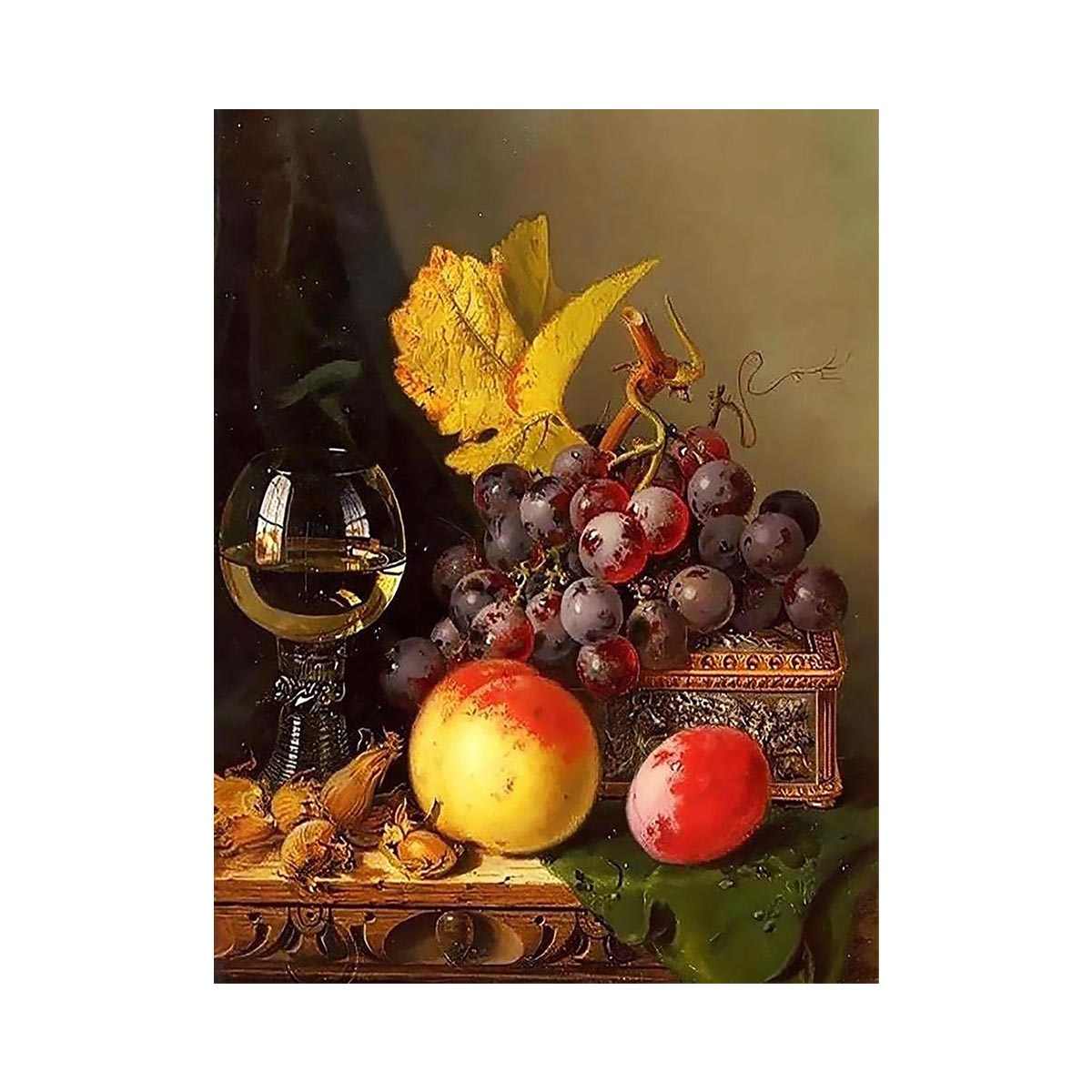 A Still Life of Black Grapes, a Peach, a Plum, Hazelnuts, a Metal Casket and a Wine Glass on a Carved Wooden Ledge by EDWARD LADELL
