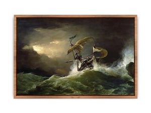 A First rate Man-of-War driven onto a reef of rocks, floundering in a gale  Poster