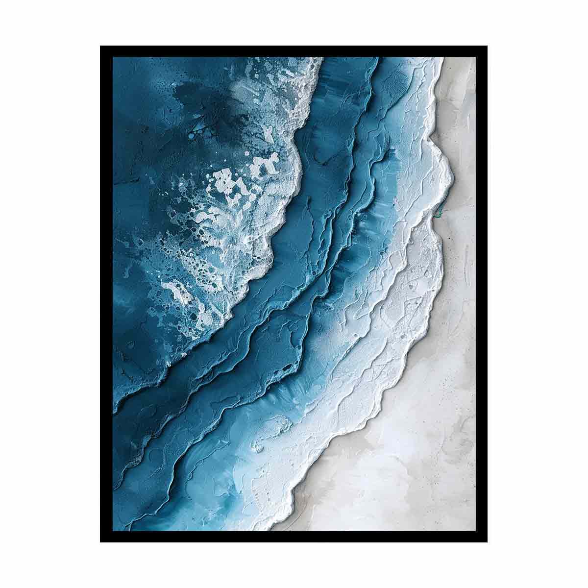 Textured abstract ocean wave canvas art in blue and white for coastal decor.