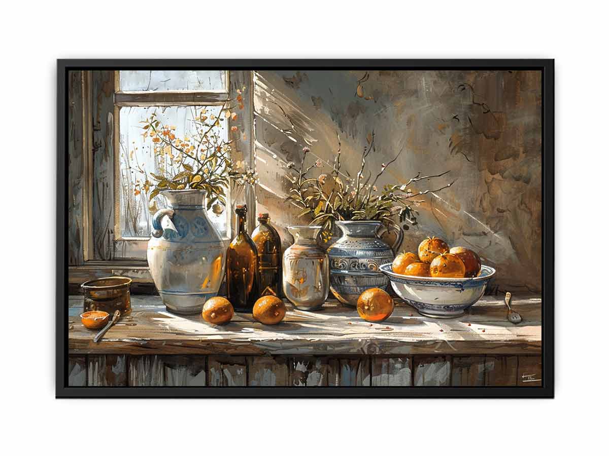 Still life canvas art with oranges, ceramic pitchers, and warm window light for kitchen decor.