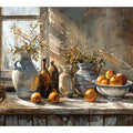 Still life canvas art with oranges, ceramic pitchers, and warm window light for kitchen decor.