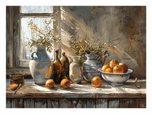 Still life canvas art with oranges, ceramic pitchers, and warm window light for kitchen decor.