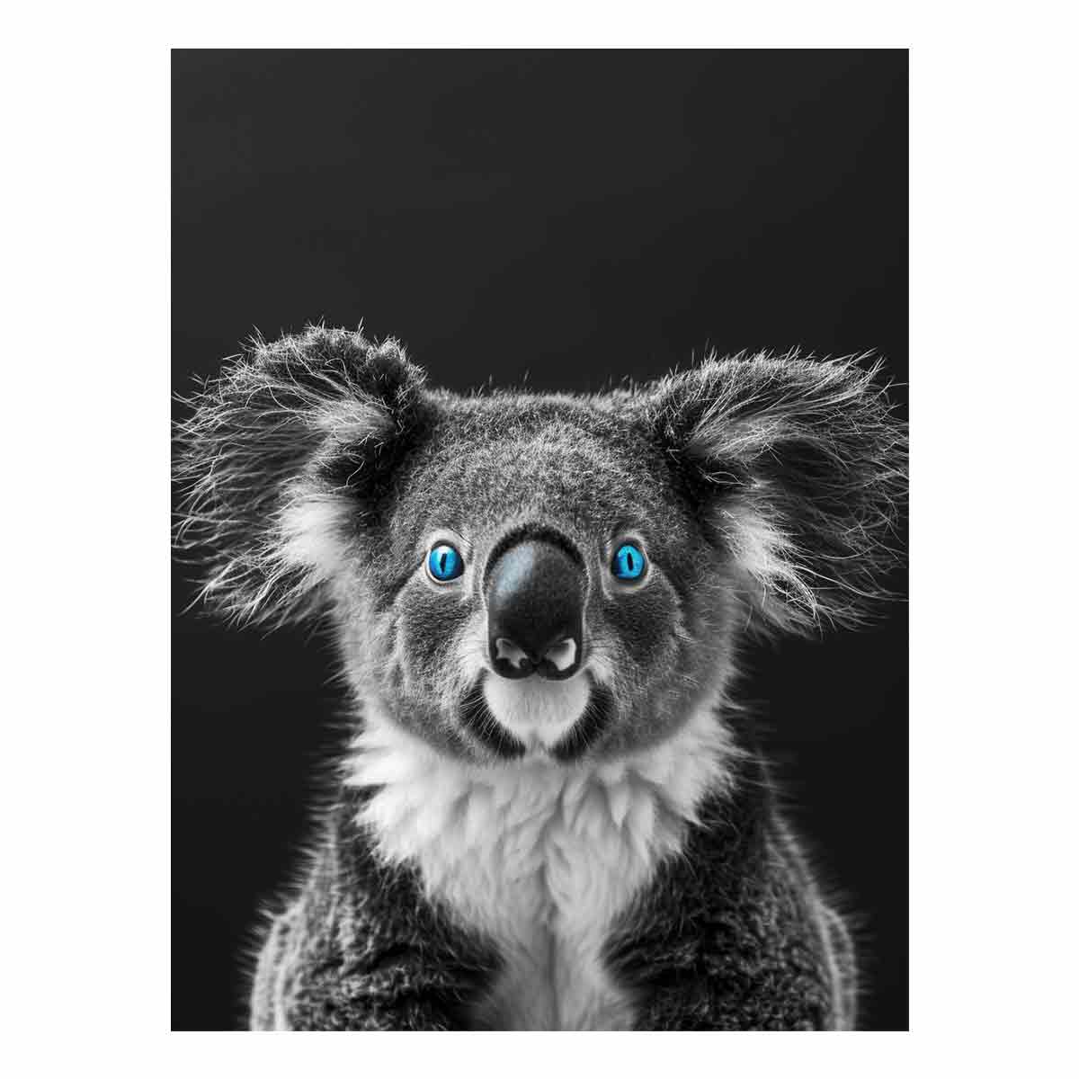 Koala portrait canvas art with blue eyes for modern living room decor.