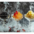 Luxury gourmet food photography with smoked glass cups for elegant dining room wall decor.