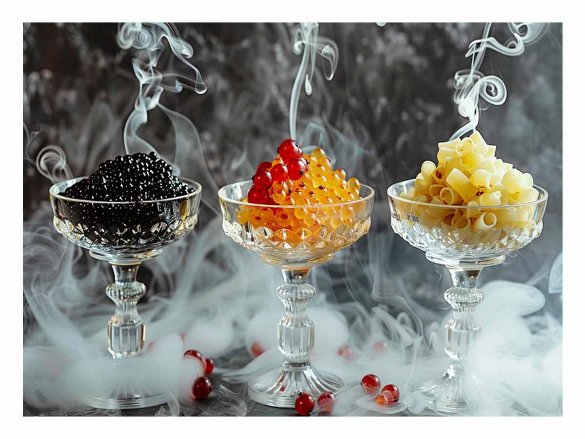 Luxury gourmet food photography with smoked glass cups for elegant dining room wall decor.