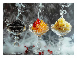 Luxury gourmet food photography with smoked glass cups for elegant dining room wall decor.