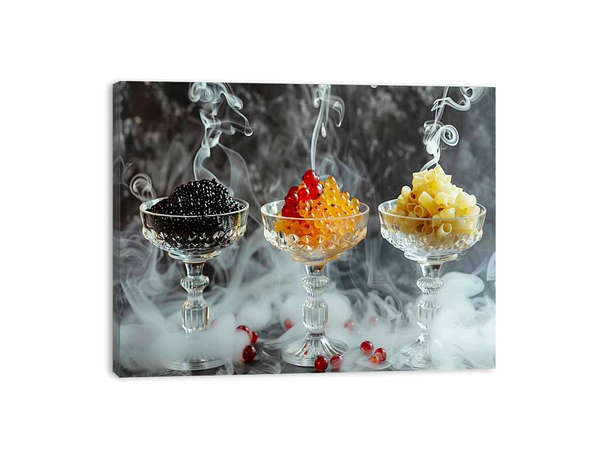 Luxury gourmet food photography with smoked glass cups for elegant dining room wall decor.