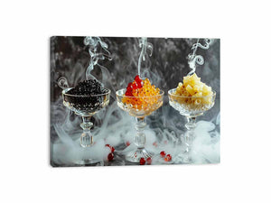 Luxury gourmet food photography with smoked glass cups for elegant dining room wall decor.
