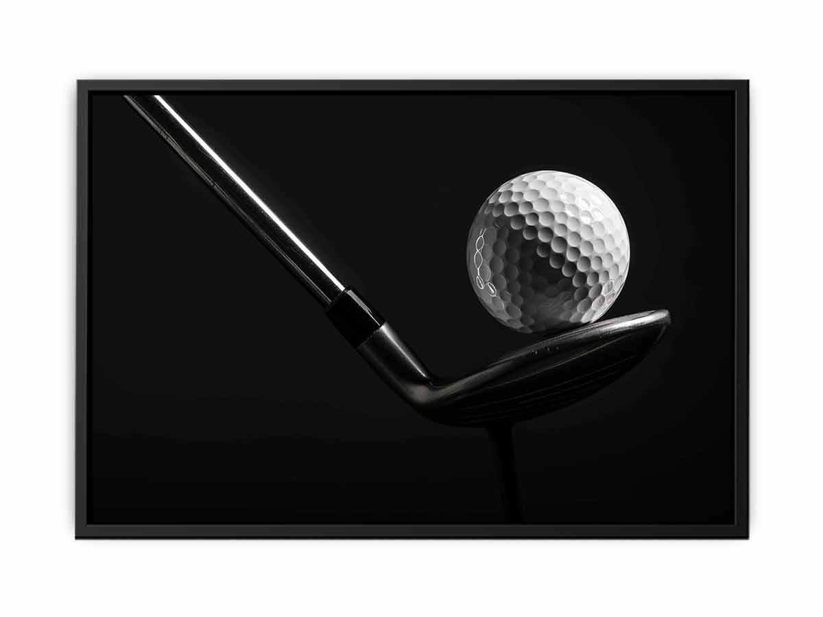 Black and white golf ball and club canvas print for modern office, man cave, or sports decor.