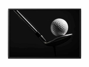 Black and white golf ball and club canvas print for modern office, man cave, or sports decor.