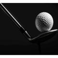 Black and white golf ball and club canvas print for modern office, man cave, or sports decor.