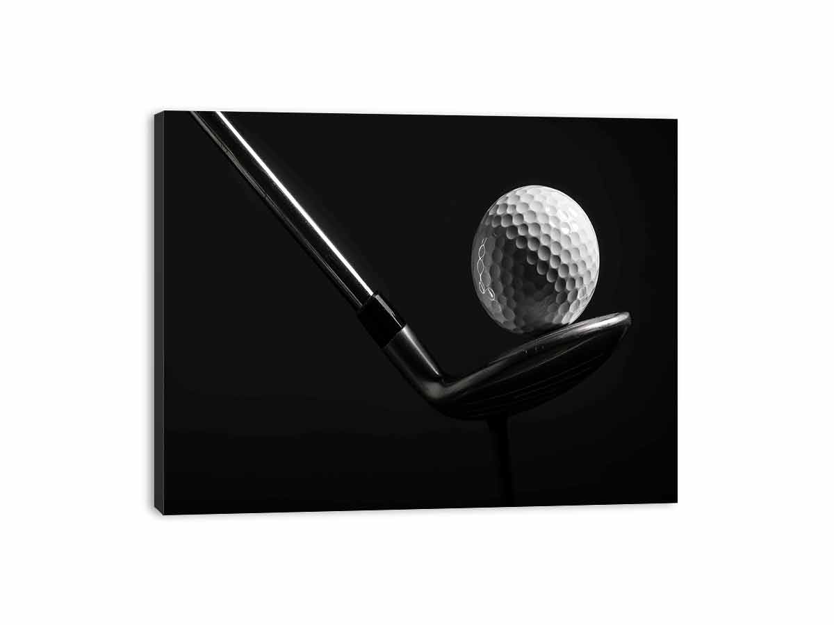 Black and white golf ball and club canvas print for modern office, man cave, or sports decor.