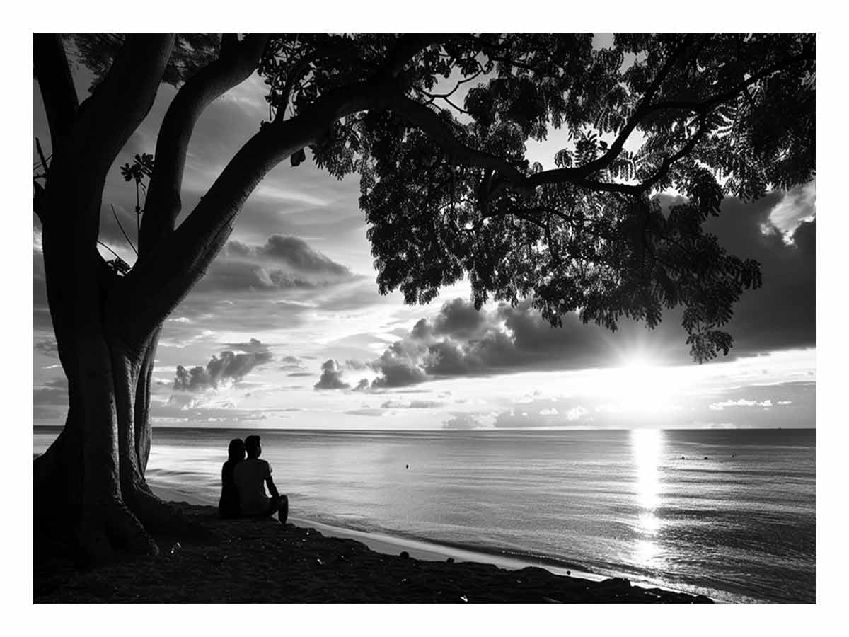 Black and white coastal silhouette canvas print with tree, ocean, and couple for peaceful bedroom decor.