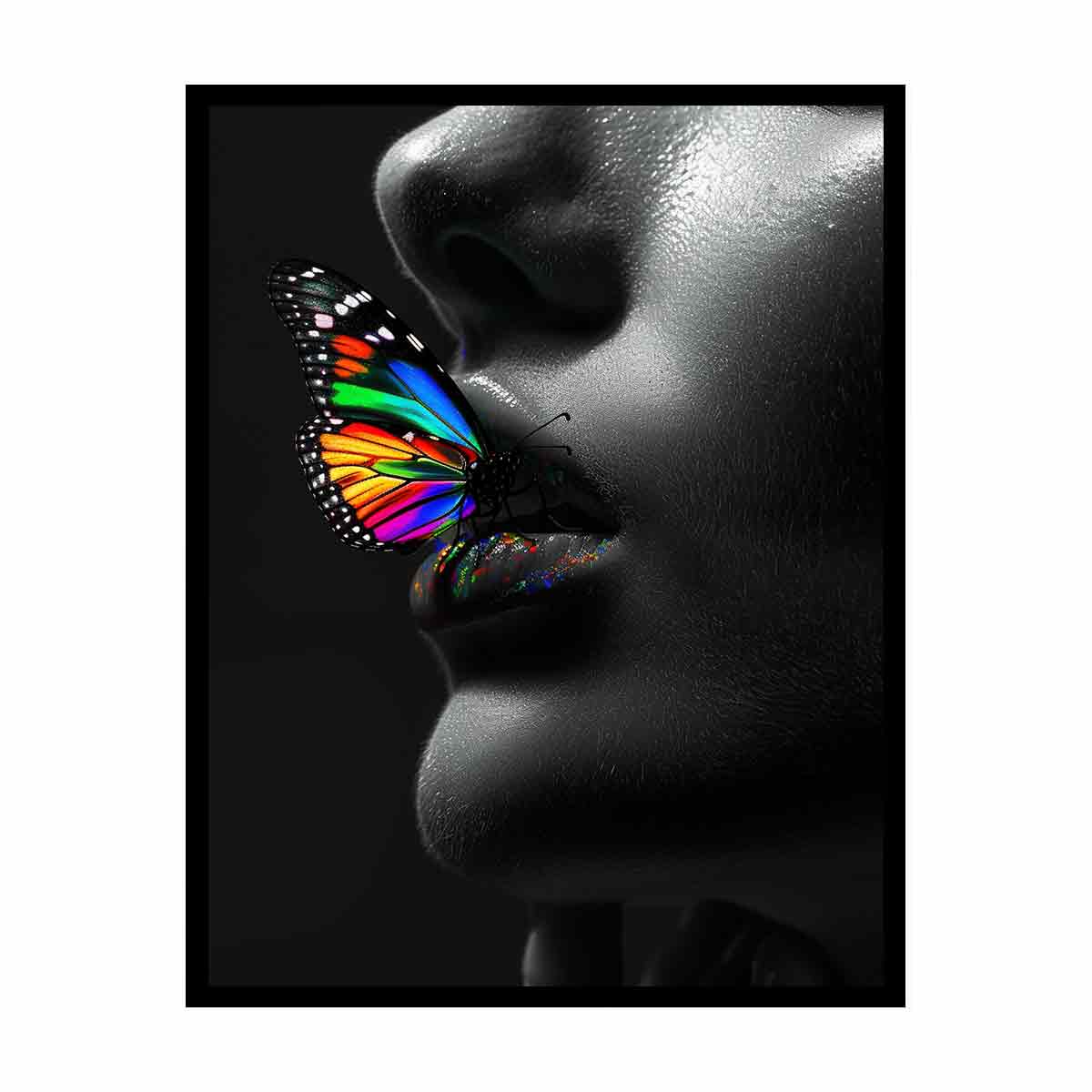 Grayscale portrait with colorful butterfly canvas art for bold bedroom or salon decor.