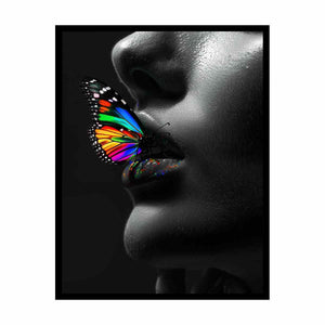Grayscale portrait with colorful butterfly canvas art for bold bedroom or salon decor.
