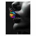 Grayscale portrait with colorful butterfly canvas art for bold bedroom or salon decor.