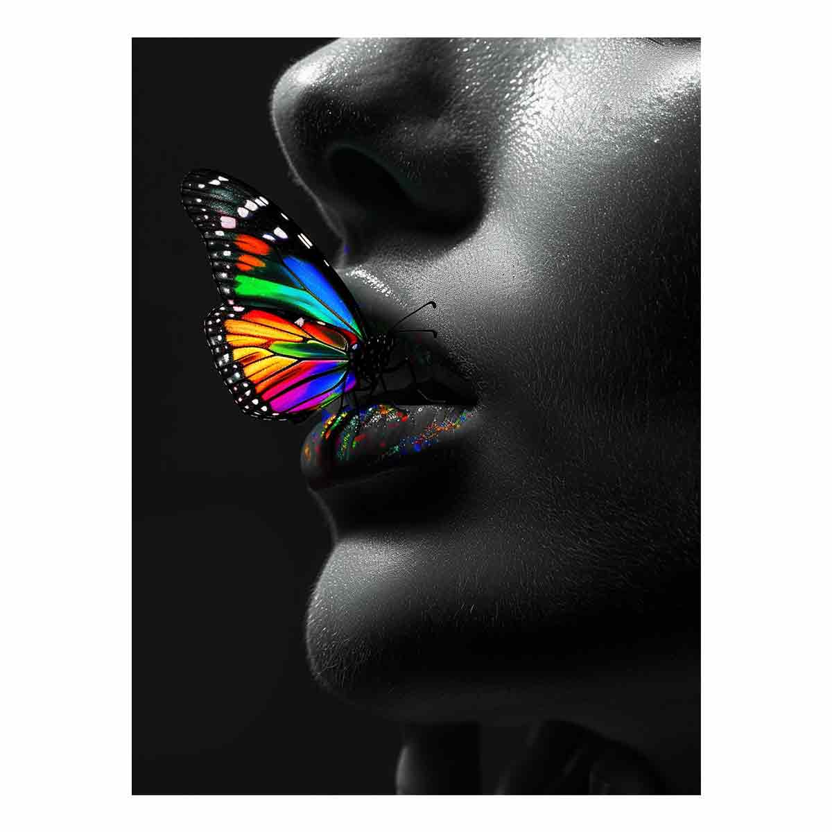 Grayscale portrait with colorful butterfly canvas art for bold bedroom or salon decor.