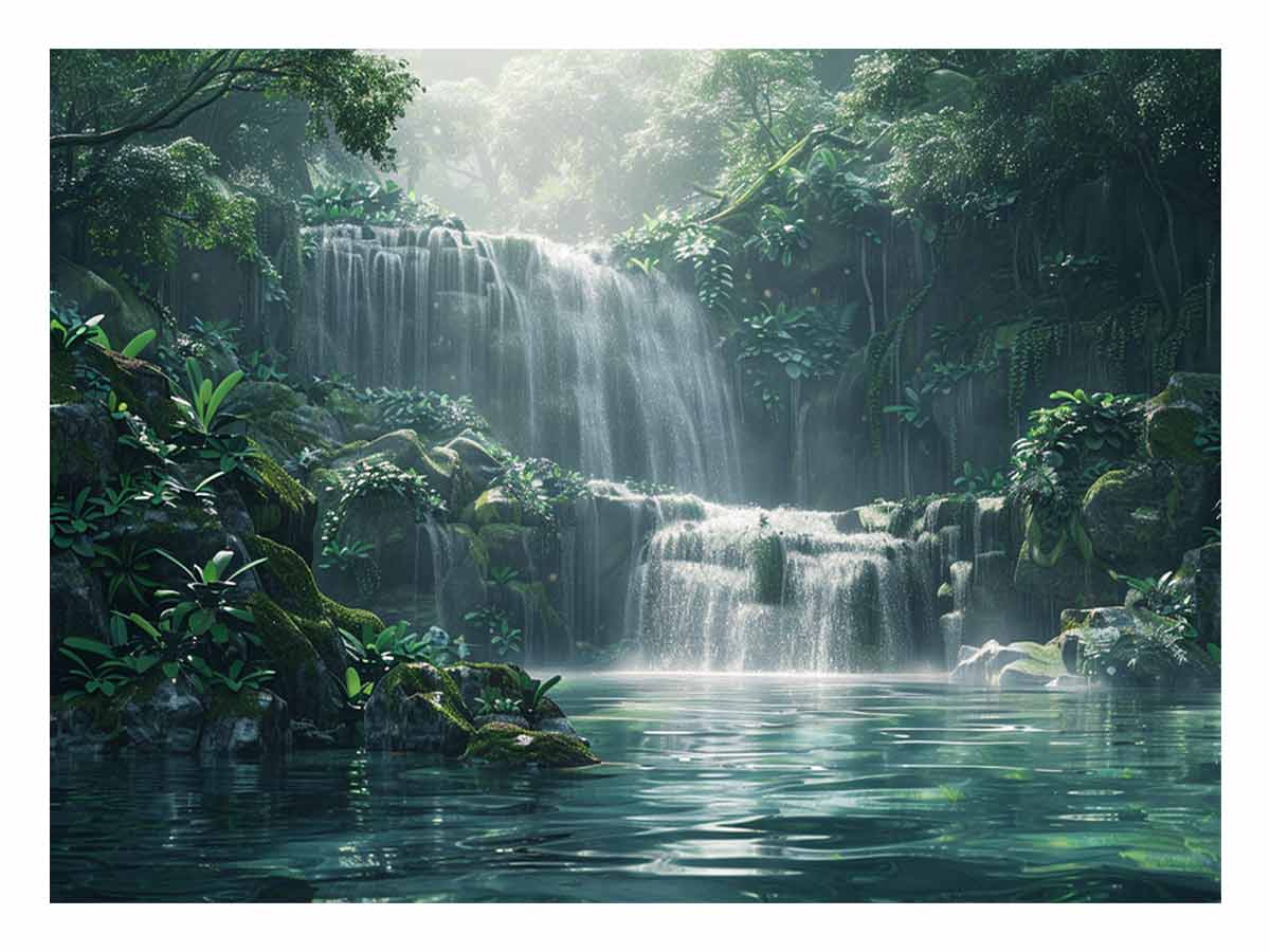 Lush waterfall forest canvas art for calming bedroom, bathroom, or living room decor.