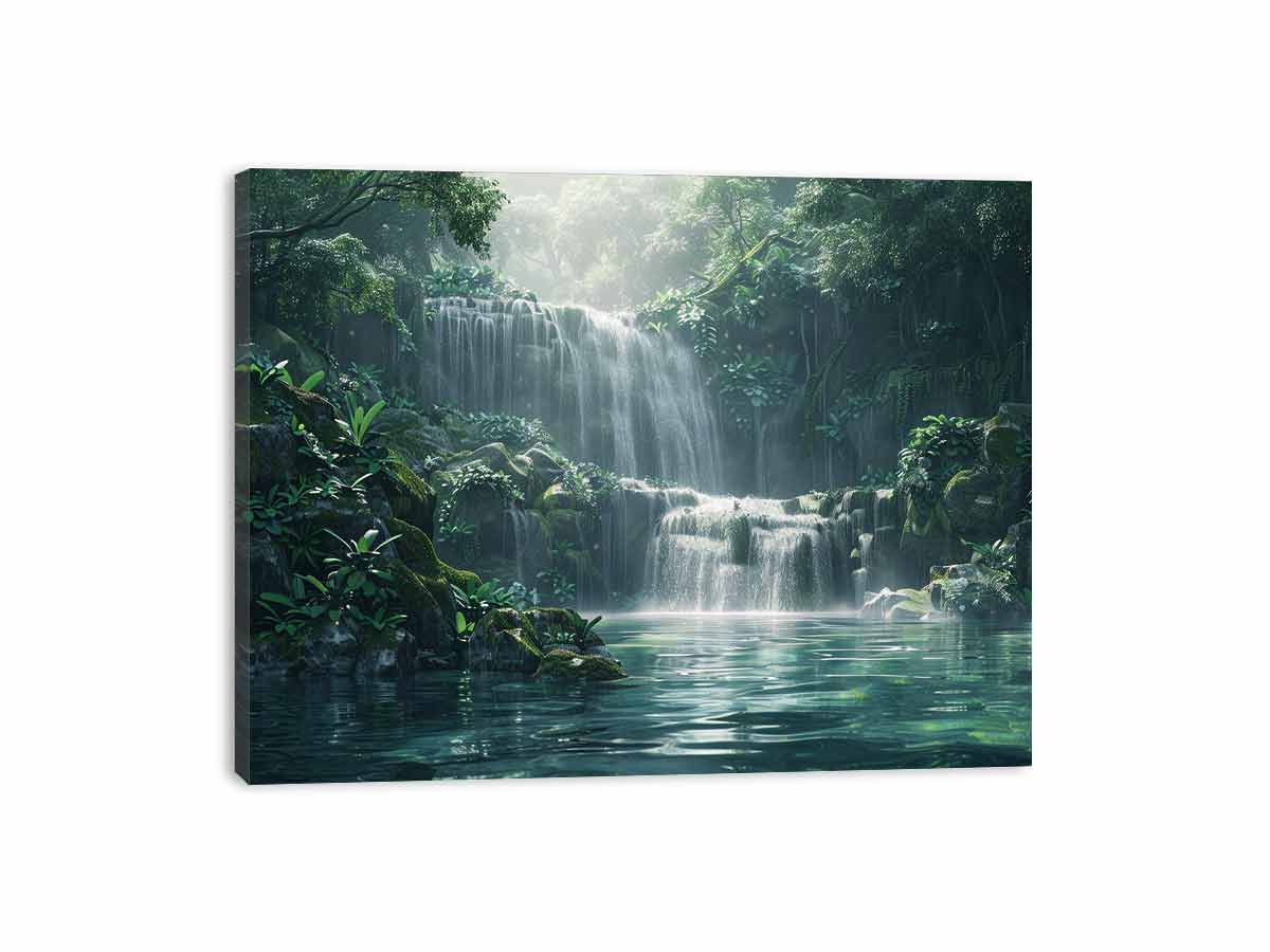 Lush waterfall forest canvas art for calming bedroom, bathroom, or living room decor.