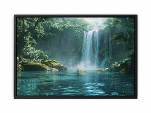 Lush rainforest waterfall canvas art with emerald pool for calm living room decor.