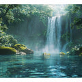 Lush rainforest waterfall canvas art with emerald pool for calm living room decor.