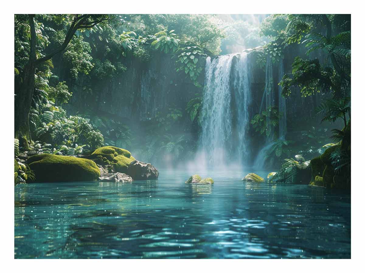 Lush rainforest waterfall canvas art with emerald pool for calm living room decor.