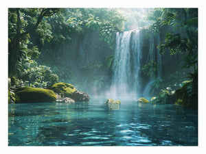 Lush rainforest waterfall canvas art with emerald pool for calm living room decor.
