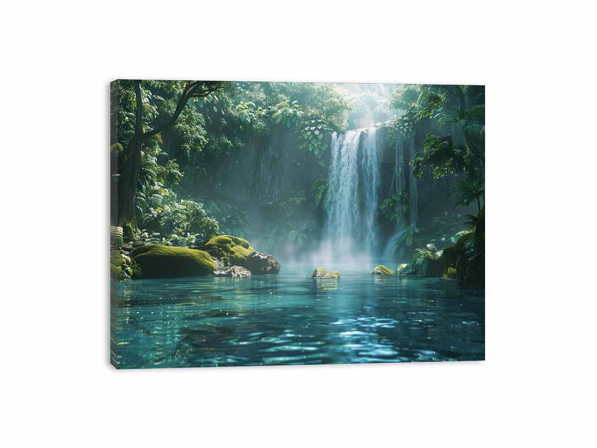 Lush rainforest waterfall canvas art with emerald pool for calm living room decor.