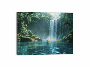 Lush rainforest waterfall canvas art with emerald pool for calm living room decor.