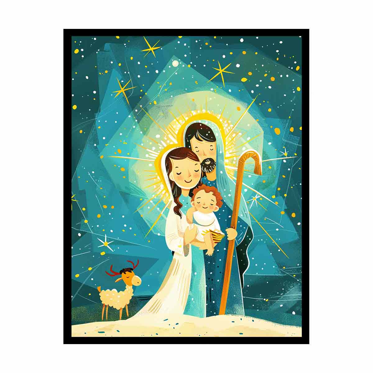 Illustrated Holy Family nativity canvas art with stars and lamb for Christmas decor.