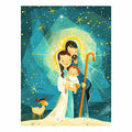 Illustrated Holy Family nativity canvas art with stars and lamb for Christmas decor.