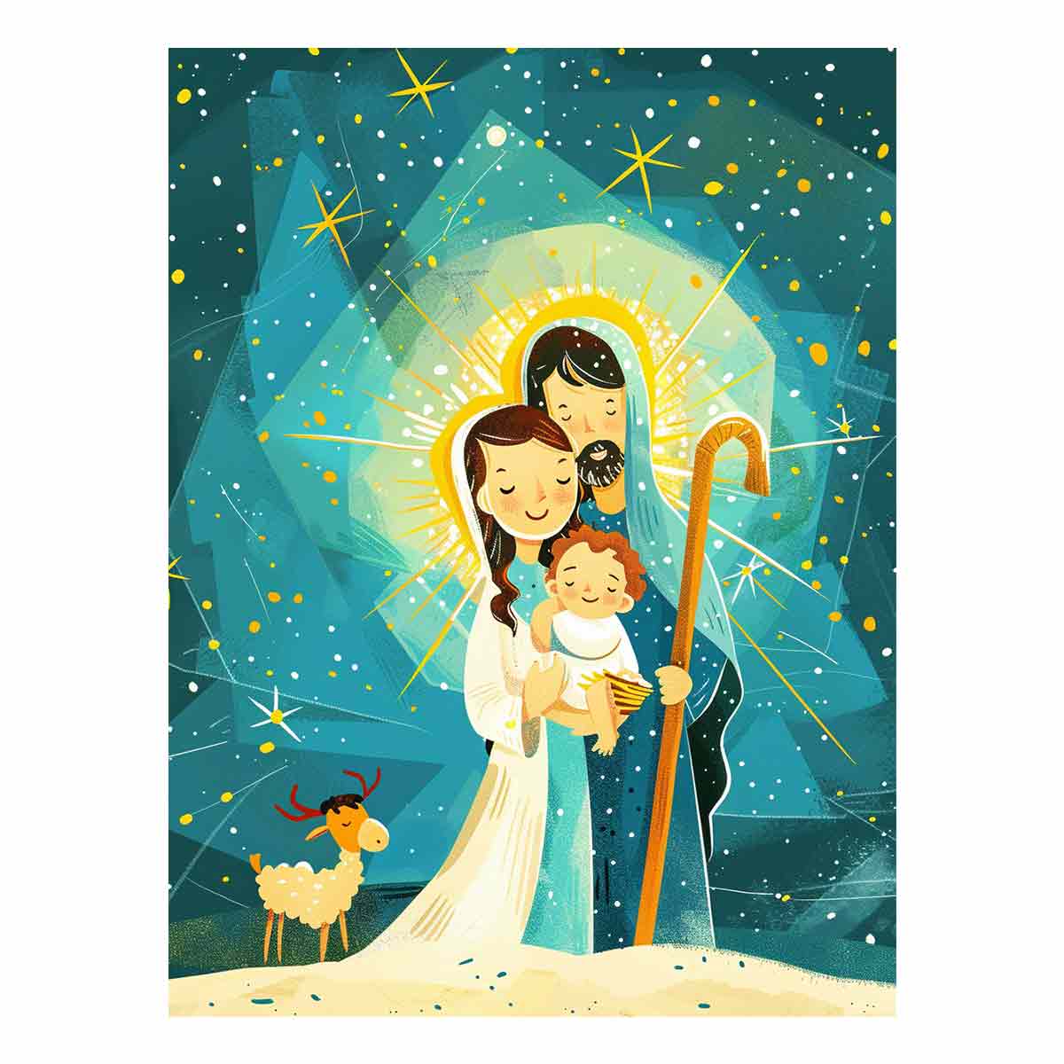 Illustrated Holy Family nativity canvas art with stars and lamb for Christmas decor.