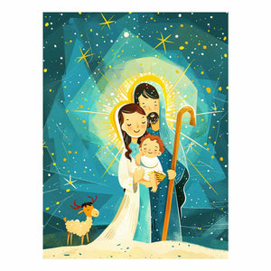 Illustrated Holy Family nativity canvas art with stars and lamb for Christmas decor.