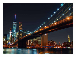 Brooklyn Bridge night canvas art with city skyline and water reflections for office decor.