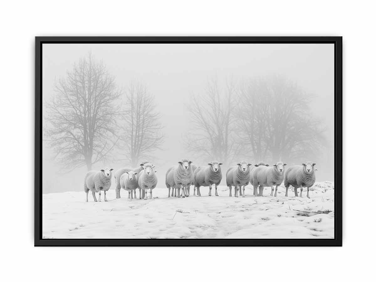 Sheep flock in snowy field canvas art for peaceful farmhouse or bedroom decor.